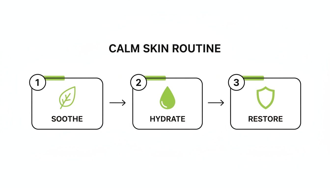 A diagram showing a calm skin routine with three steps: soothe, hydrate, and restore.