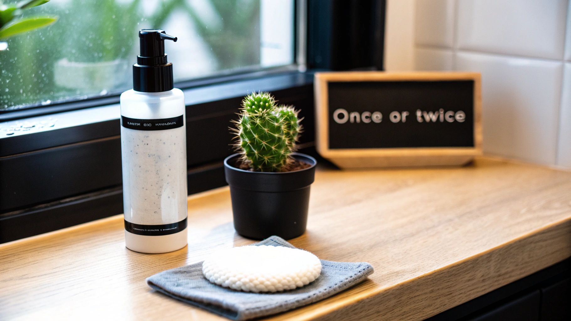 A skincare pump bottle, a small potted cactus, and a pad on a gray cloth on a wooden counter.