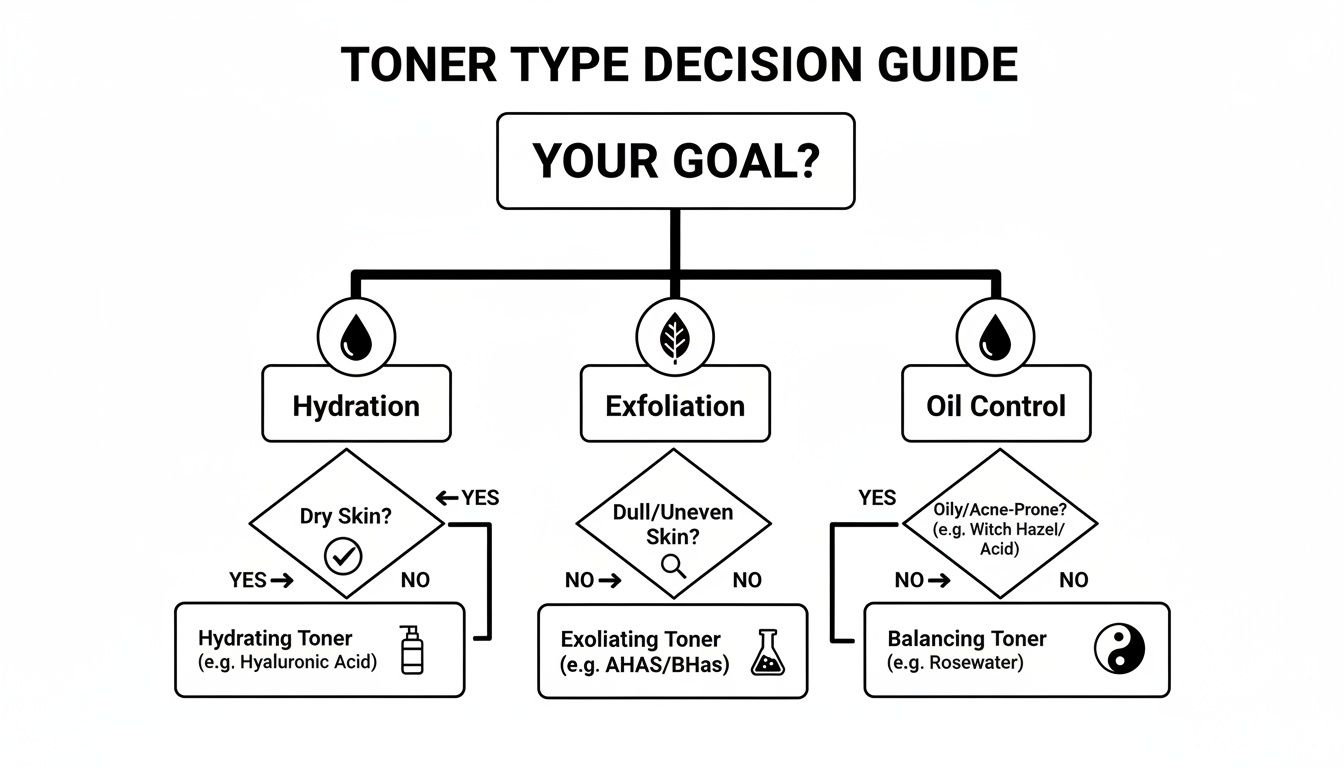 A flowchart decision guide for choosing the right toner based on skin goals like hydration, exfoliation, or oil control.