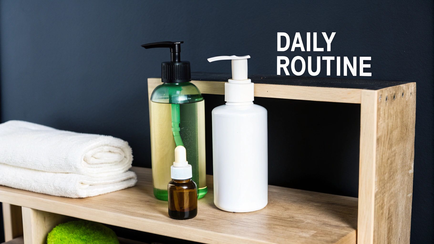 Skincare products like lotions, serums, and towels on a wooden shelf, with 'DAILY ROUTINE' text.