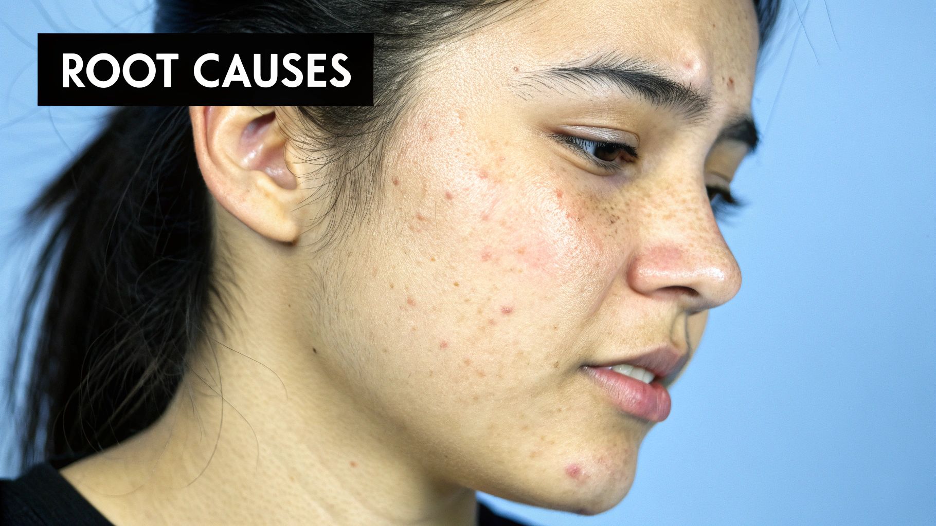 Four main causes of nodular acne illustrated: excess oil, clogged pores, bacteria, and inflammation.