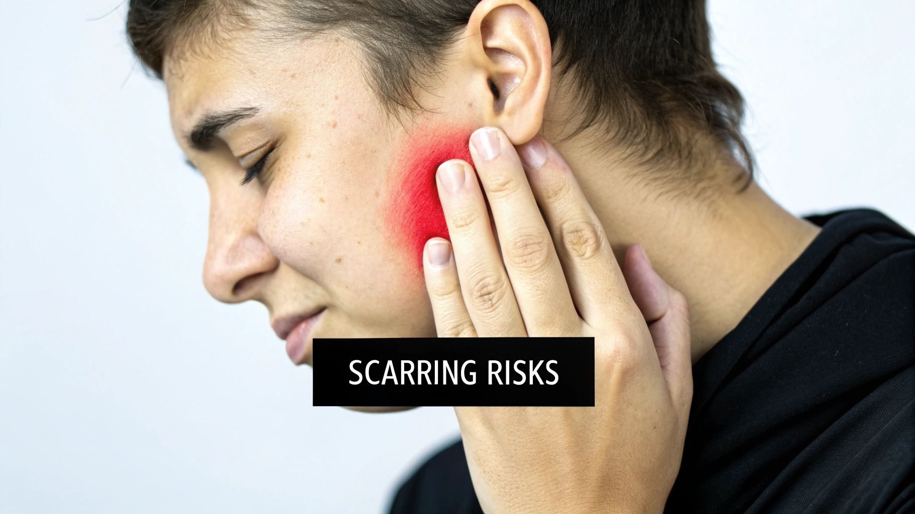 A person's cheek showing the distinct redness and swelling of nodular acne.