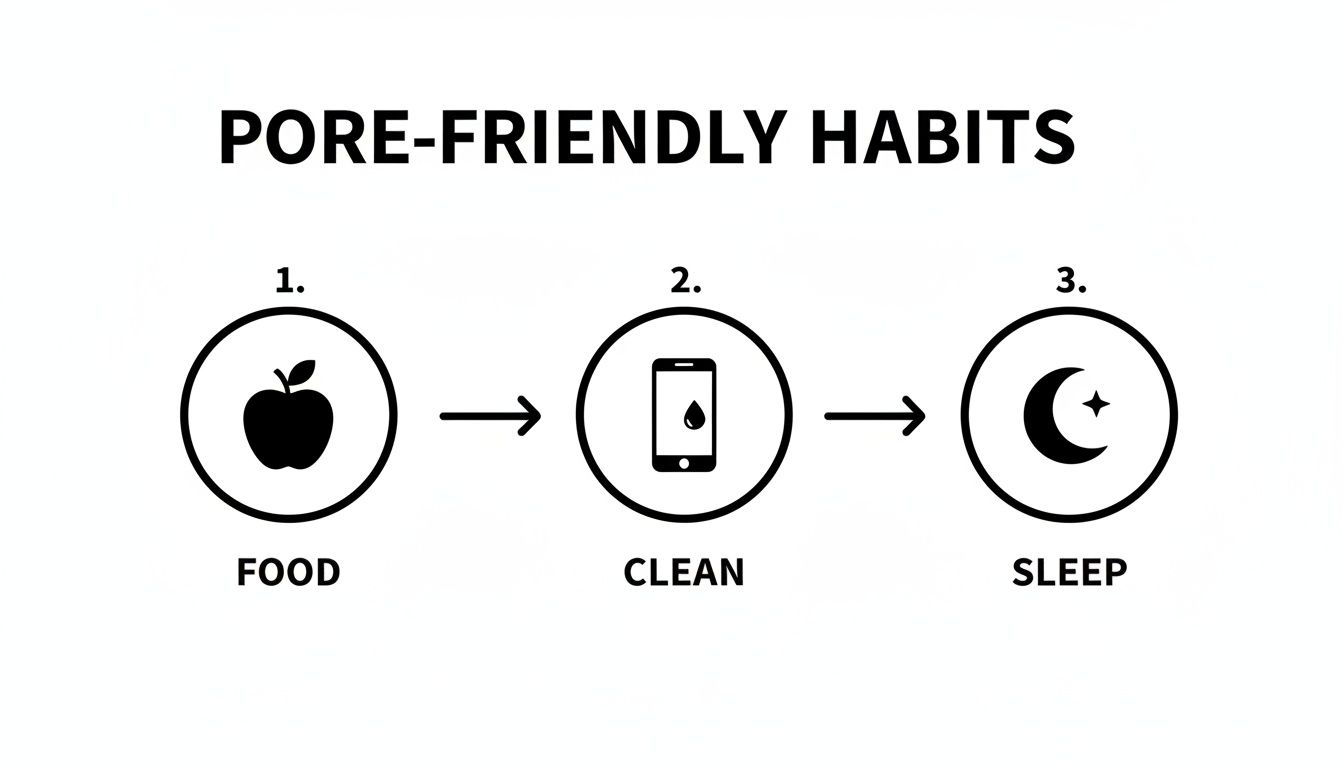 Infographic listing three pore-friendly habits: food, clean, and sleep, represented by icons.