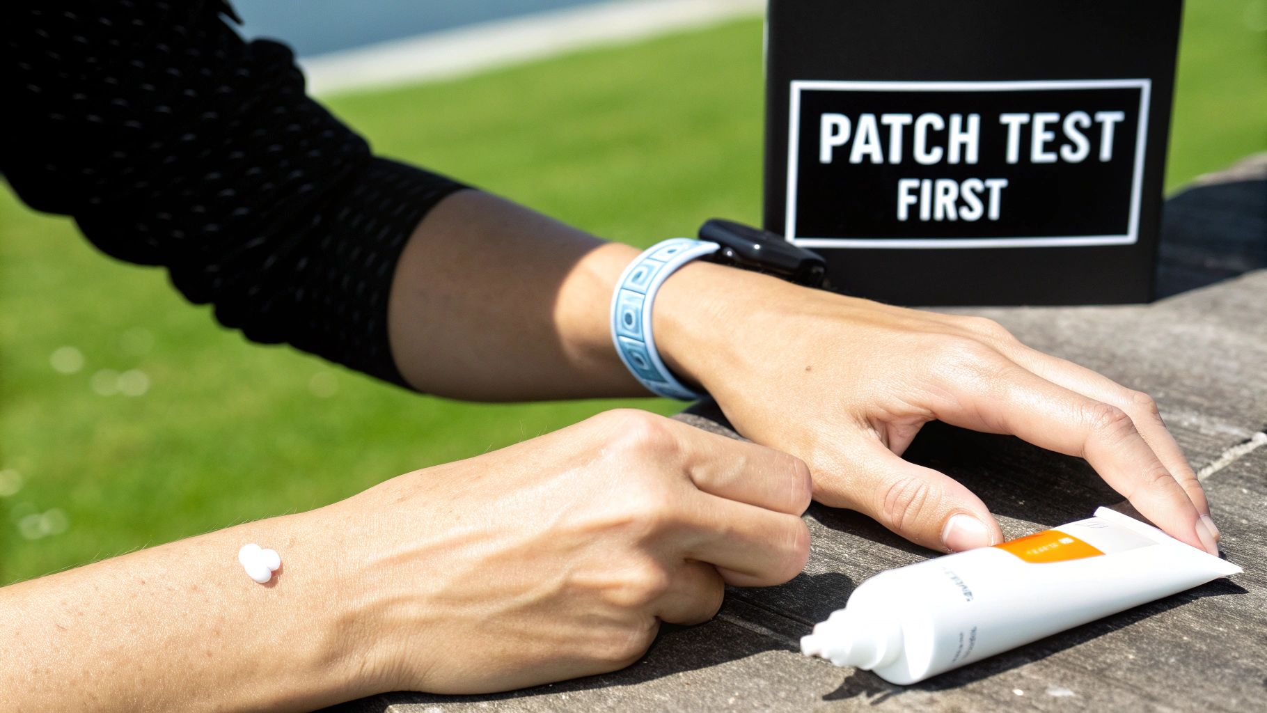 A person applying sunscreen to their shoulders, highlighting sun protection.