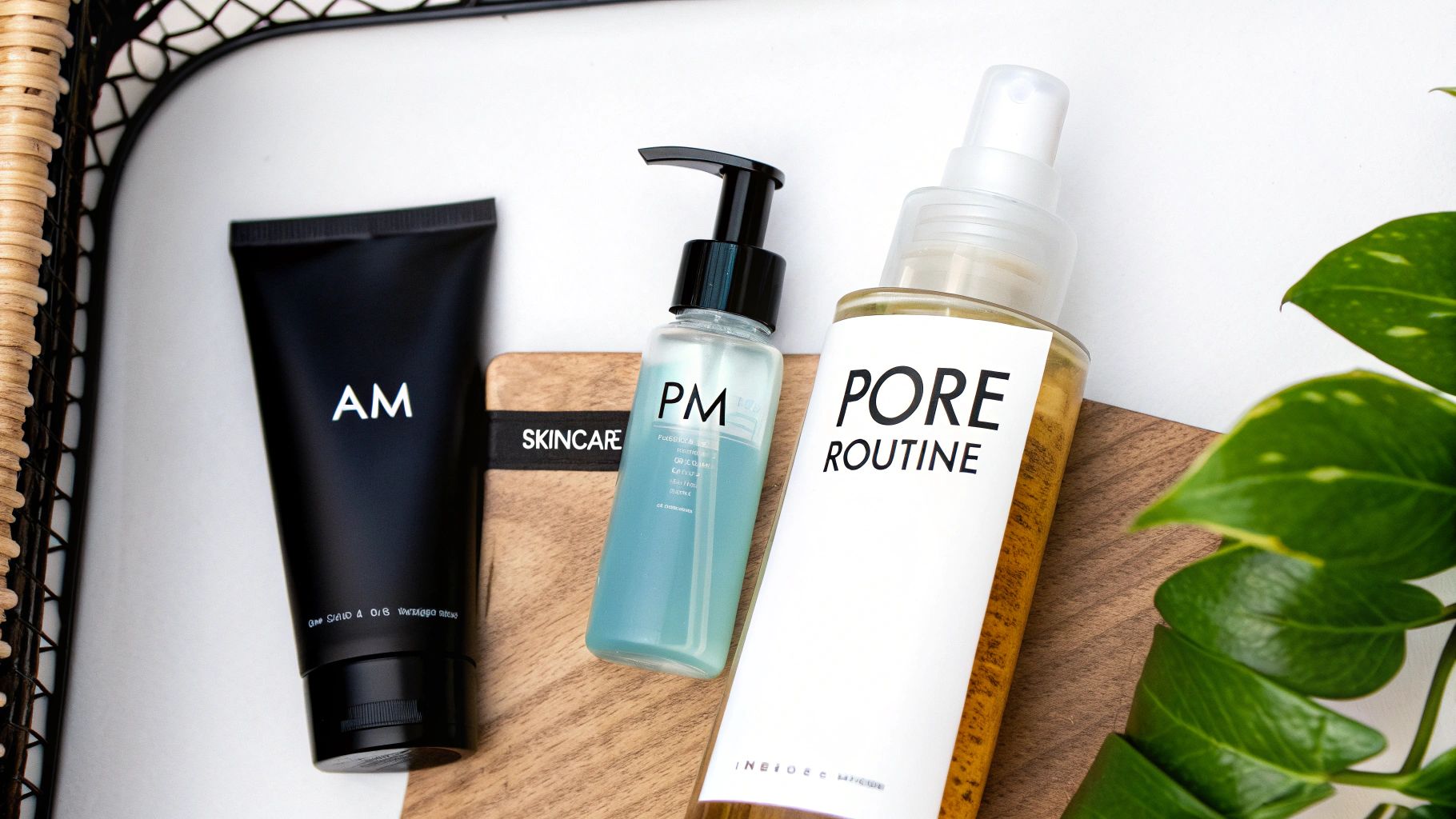 Three skincare products for AM, PM, and pore routine, displayed on a wooden board.