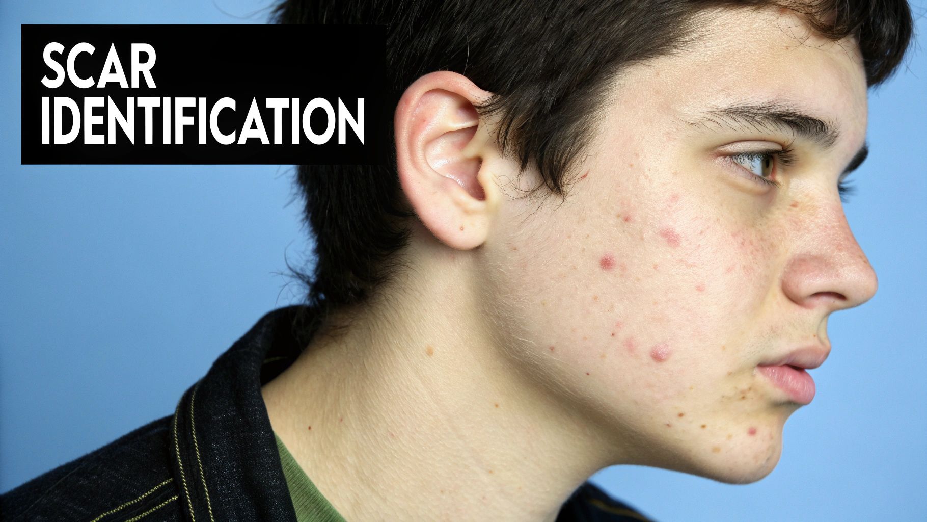 A person examining their skin in a mirror, focusing on acne scars on their cheek.