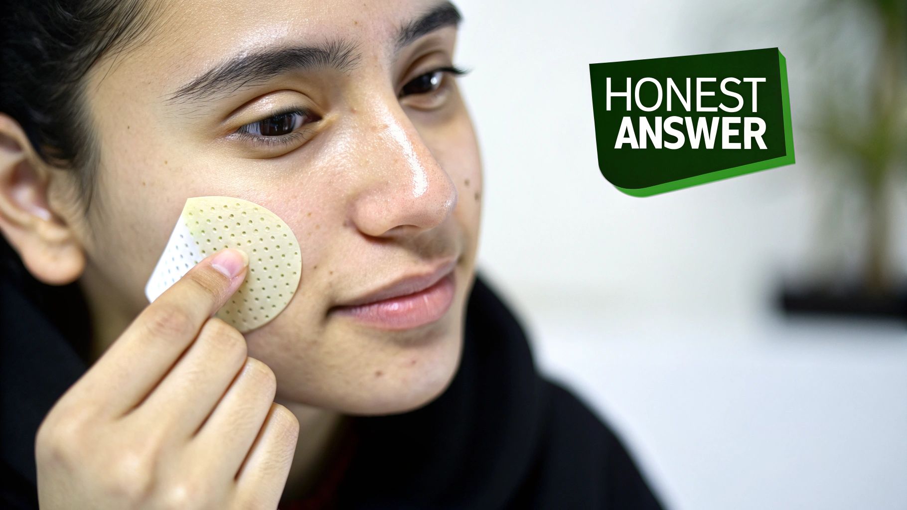 Close-up of a person applying a circular, perforated pimple patch to acne on their cheek.