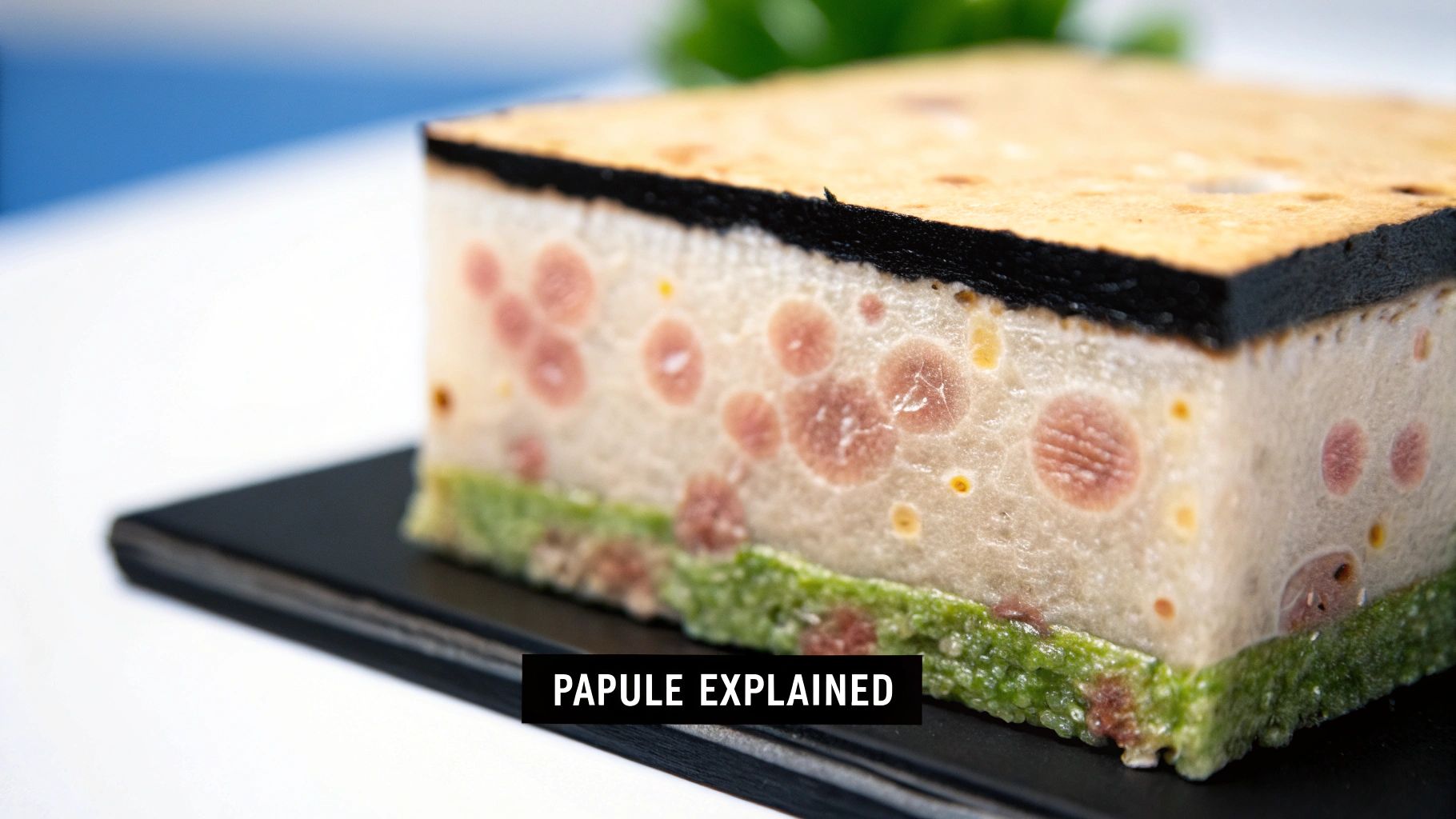 Close-up of a multi-layered food item, like a cake, with distinct layers and red spots, labeled 'PAPULE EXPLAINED'.