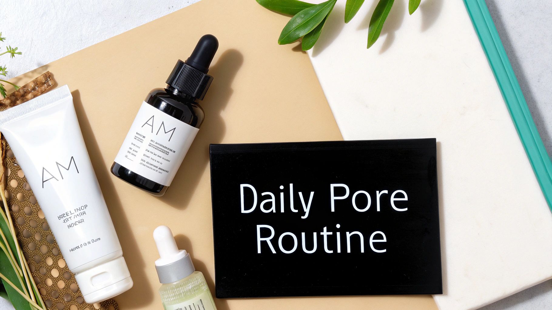 A flat lay of skincare products with 'AM' labels and a black sign saying 'Daily Pore Routine'.