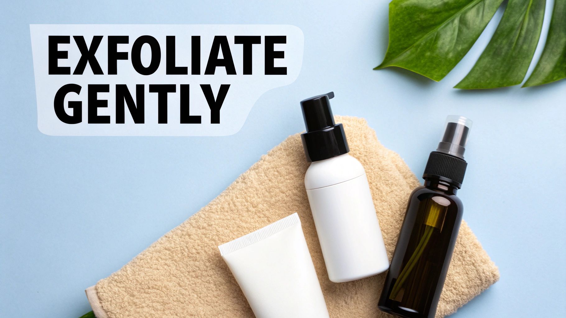 Skincare products including a pump bottle, tube, and spray on a towel with a leaf and text 'EXFOLIATE GENTLY'.