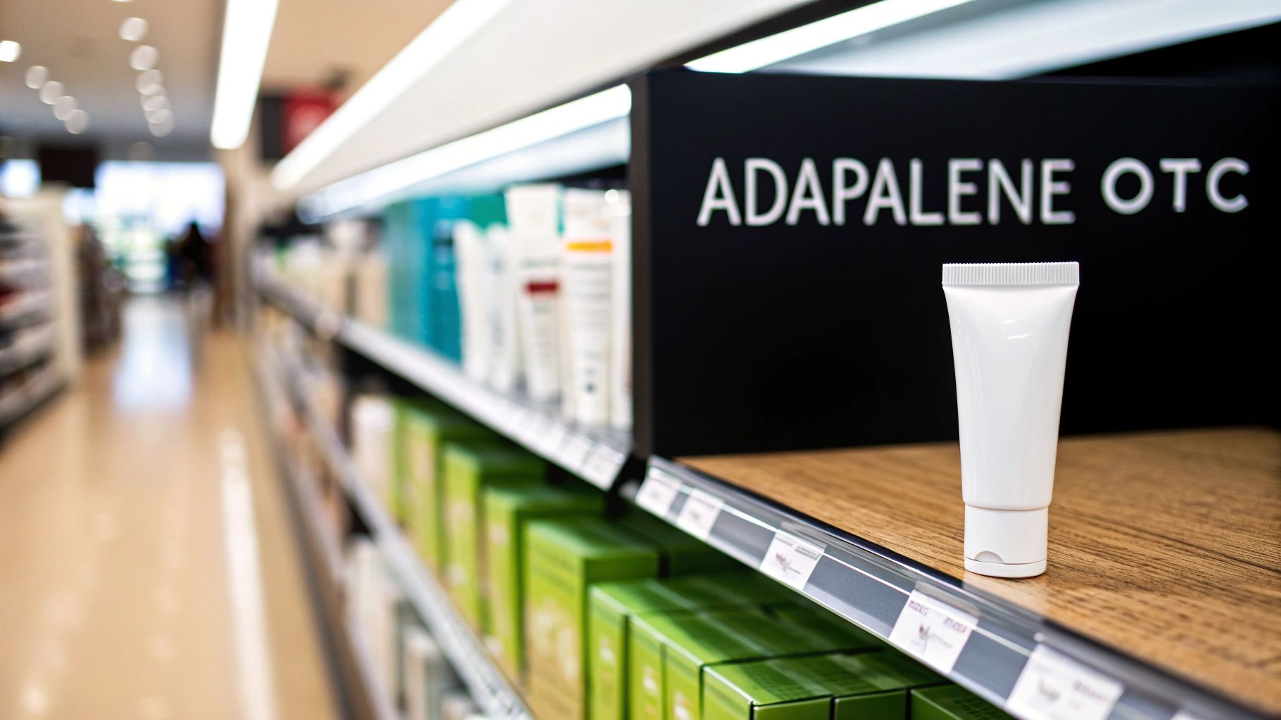 A white tube of Adapalene OTC gel sits prominently on a wooden shelf in a blurred pharmacy aisle.