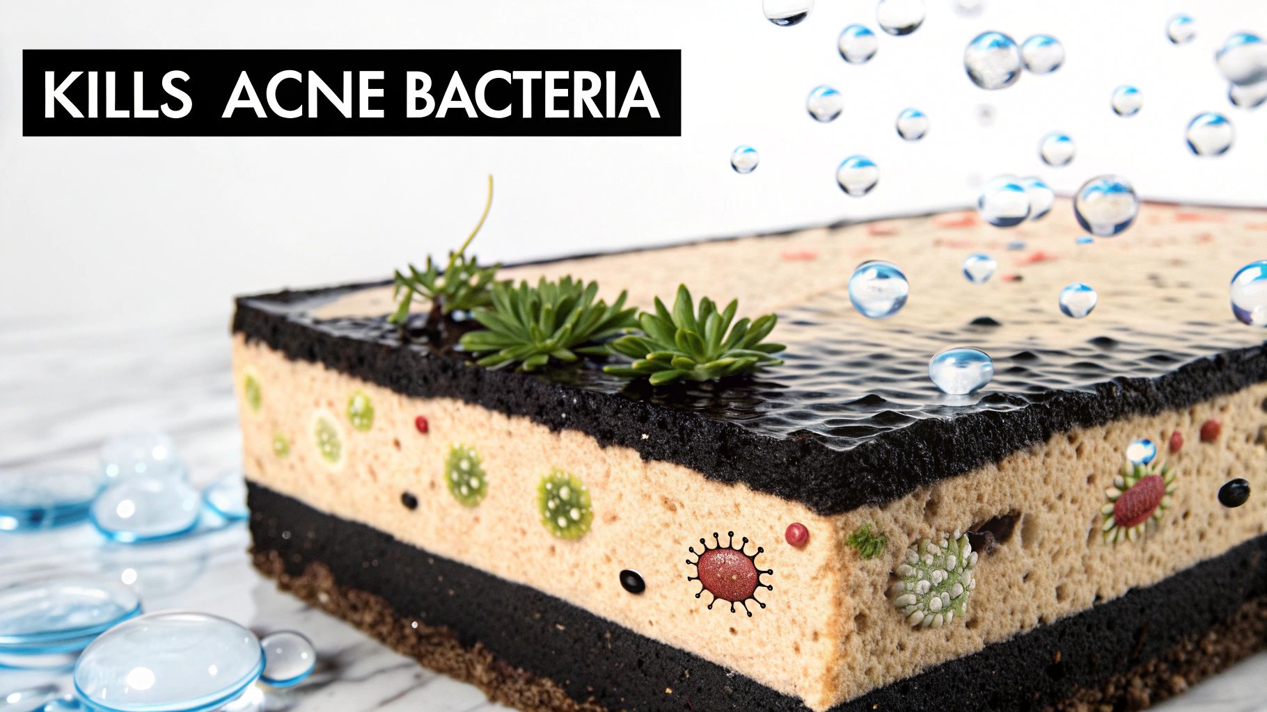A microscopic view showing benzoyl peroxide molecules breaking down bacteria, illustrating its potent action.
