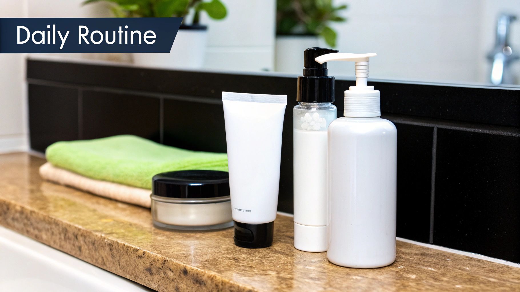 Various white skincare products and towels arranged on a marble bathroom counter for a daily routine.