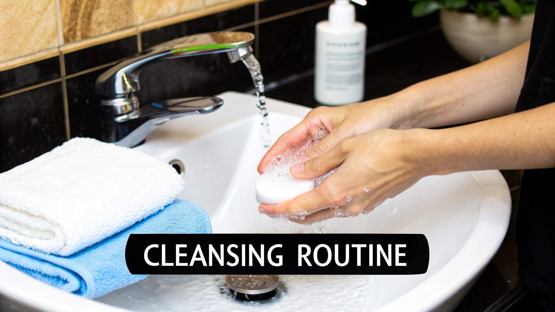 Person's hands washing with a bar of soap under running water in a white sink.