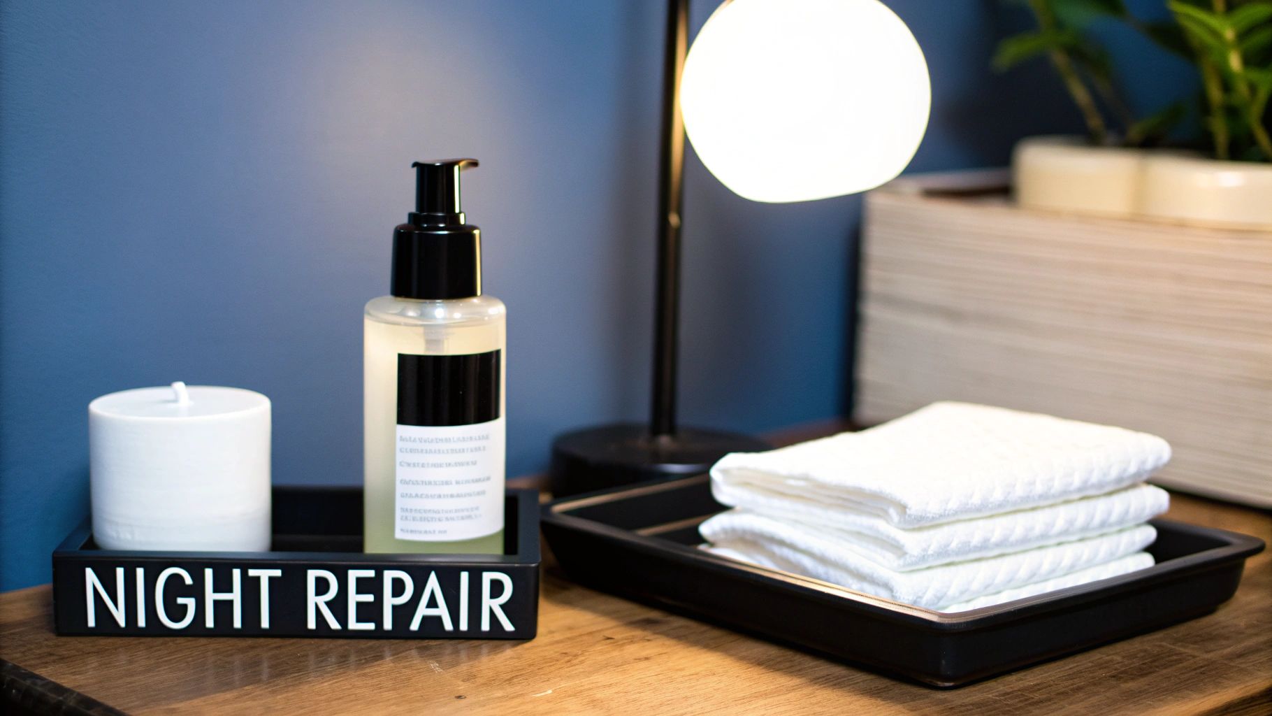 A 'Night Repair' skincare set with a pump bottle, candle, and white towels on a wooden surface.