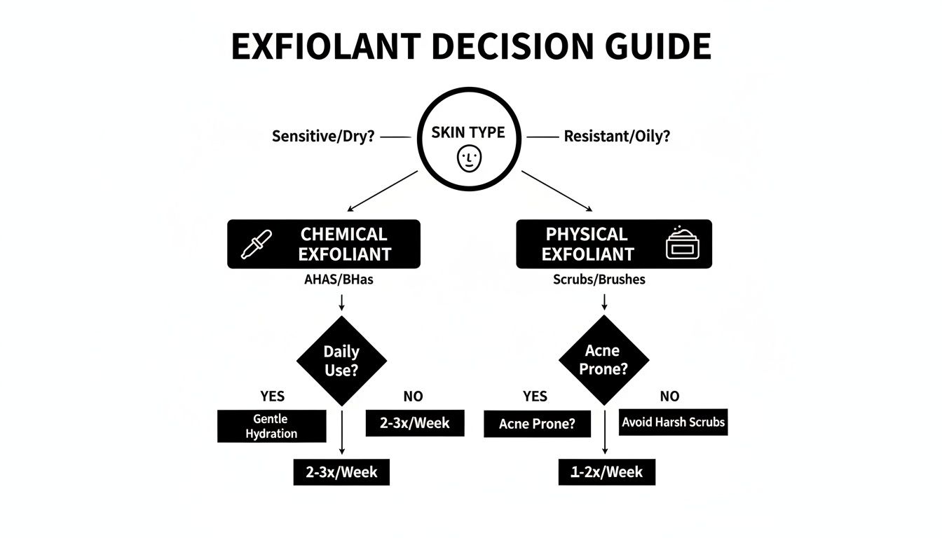 A flowchart decision guide for exfoliant use based on skin type, differentiating between chemical and physical exfoliation.