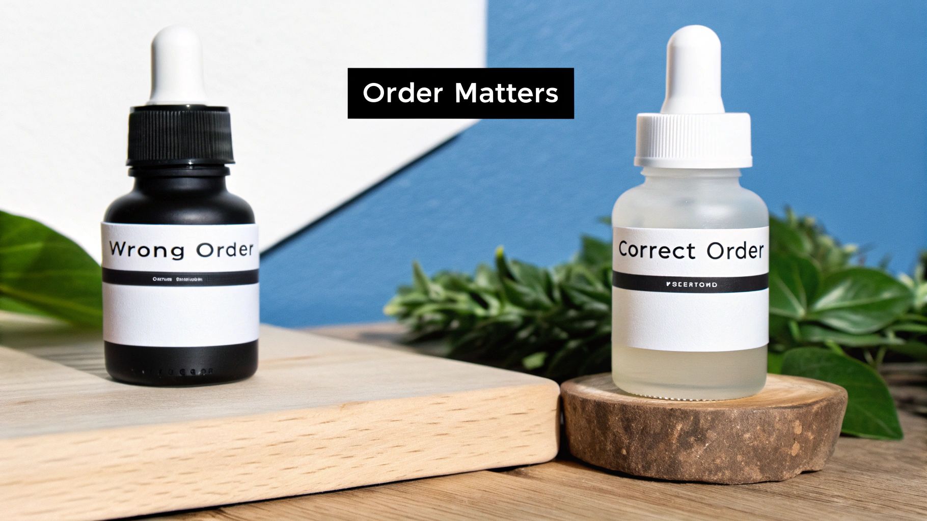 Two skincare dropper bottles, 'Wrong Order' and 'Correct Order,' illustrating the importance of application sequence.