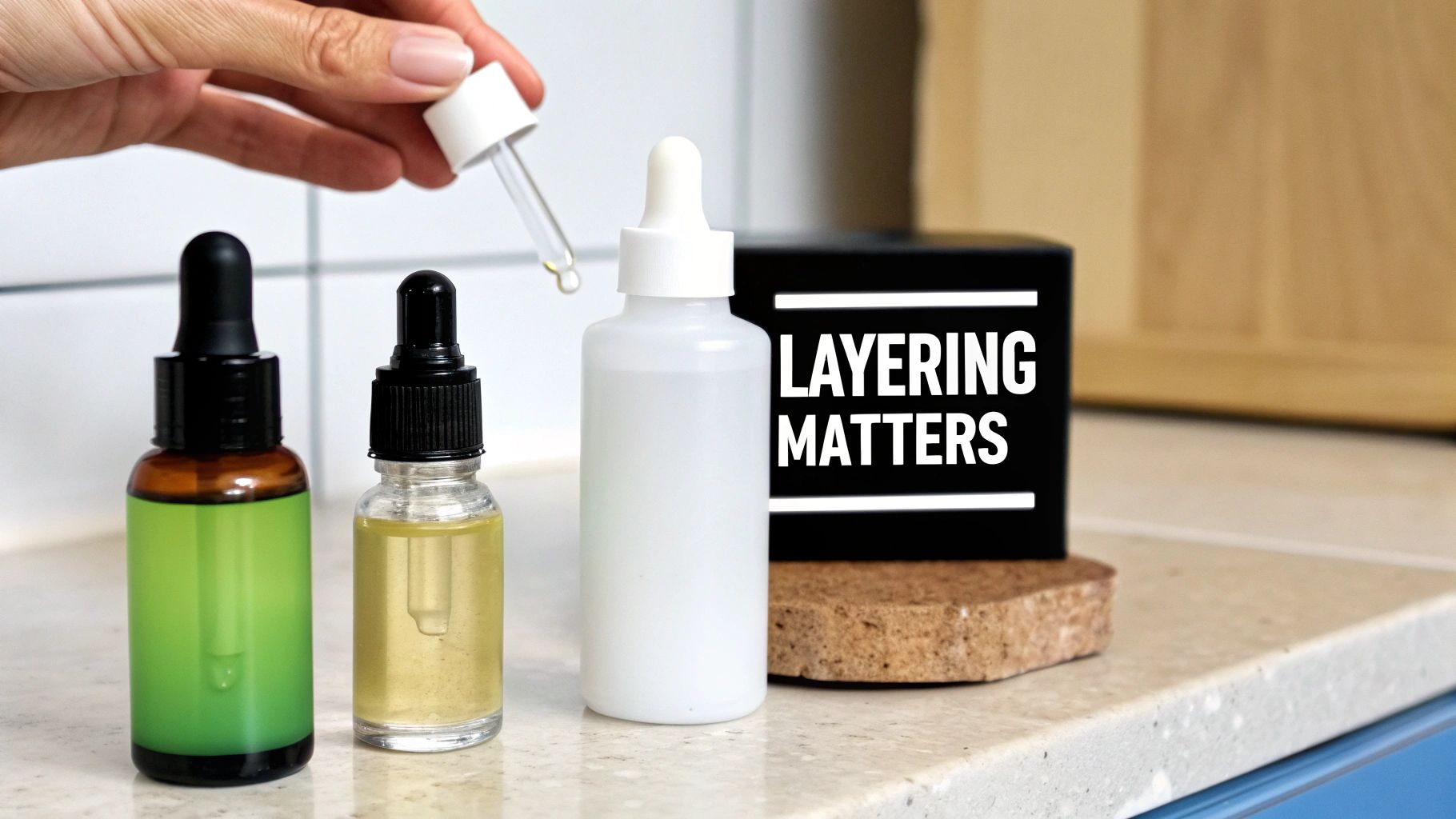 Skincare bottles with a hand using a dropper, highlighting the importance of layering products.