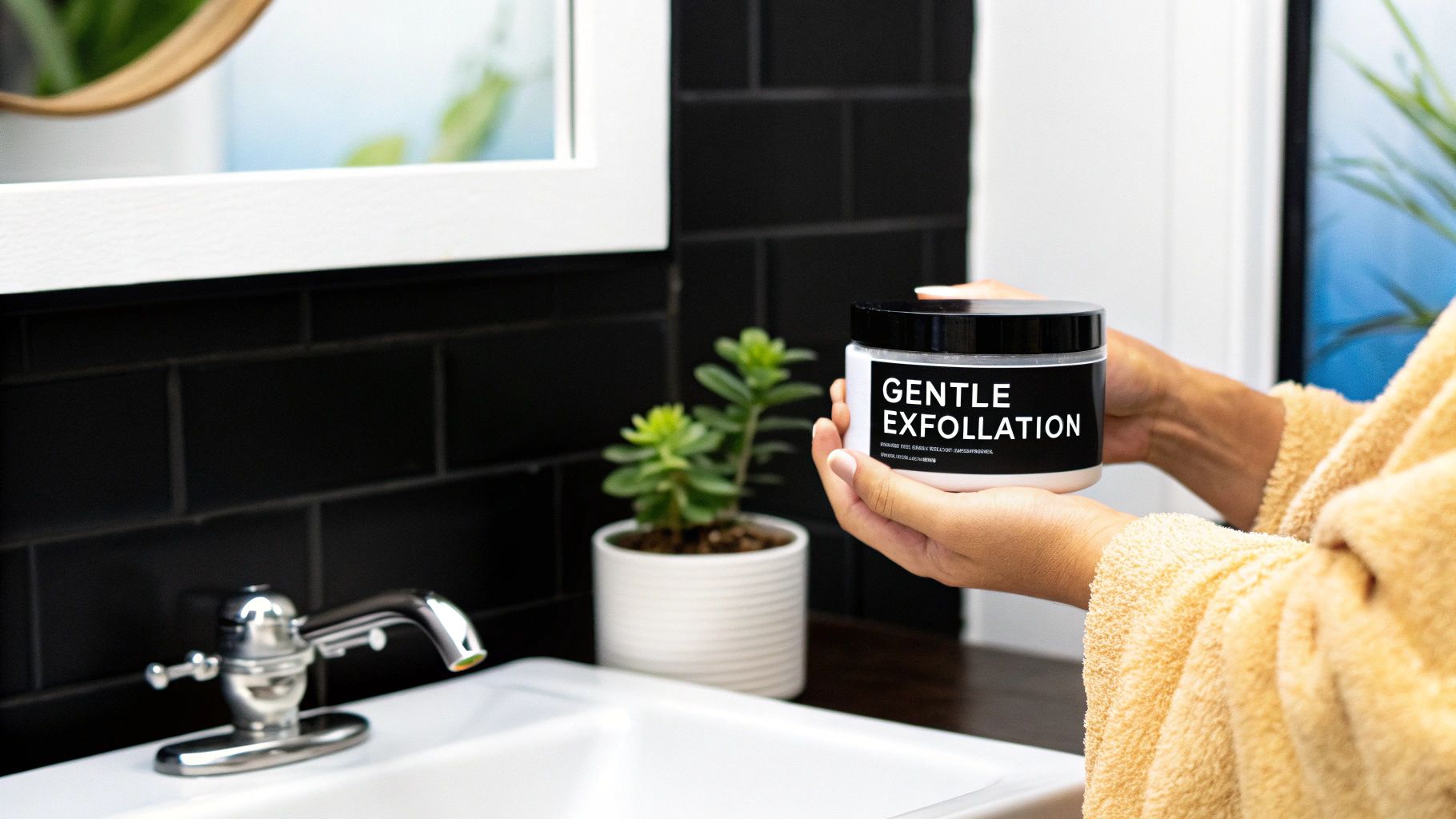 A person in a fluffy bathrobe holds a jar of 'Gentle Exfoliation' scrub in a modern bathroom.