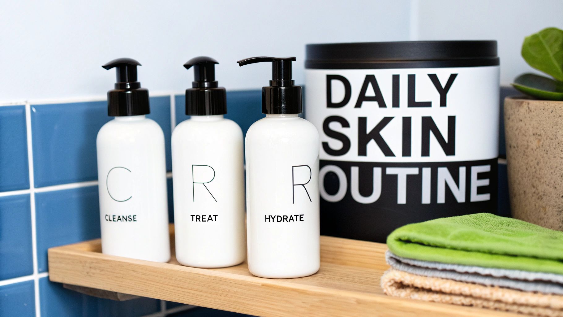 Three white bottles for cleanse, treat, and hydrate skincare on a shelf with a 'Daily Skin Routine' container.