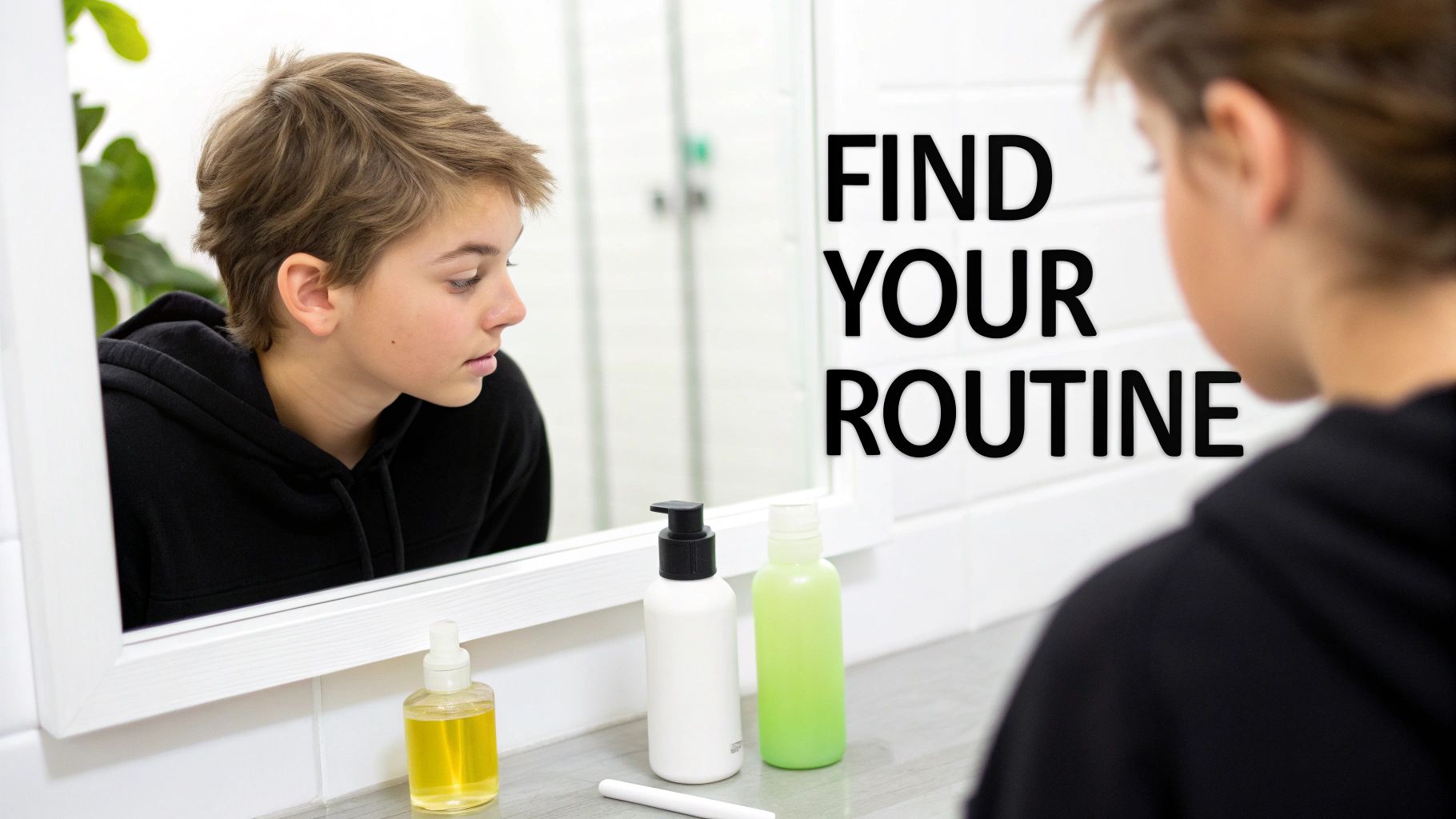 Teenager looking at their clear skin in the mirror