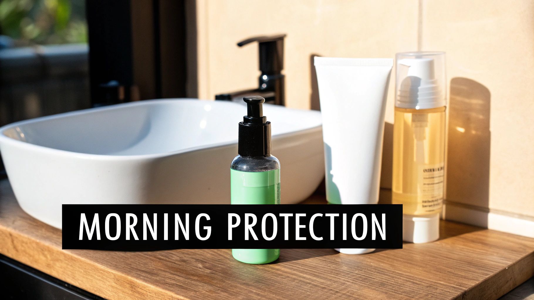 Three skincare bottles (green, white, amber) on a wooden counter next to a sink, with 'MORNING PROTECTION' text overlay.