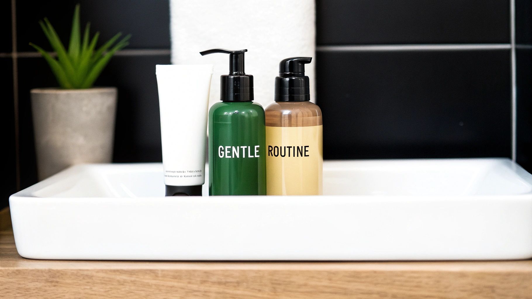 Three skincare pump bottles labeled gentle routine displayed on white bathroom sink tray