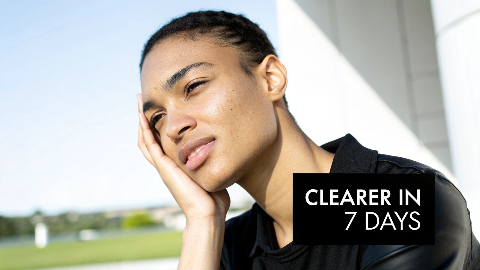 A young person with clear, glowing skin looking up outdoors, representing skin improvement.
