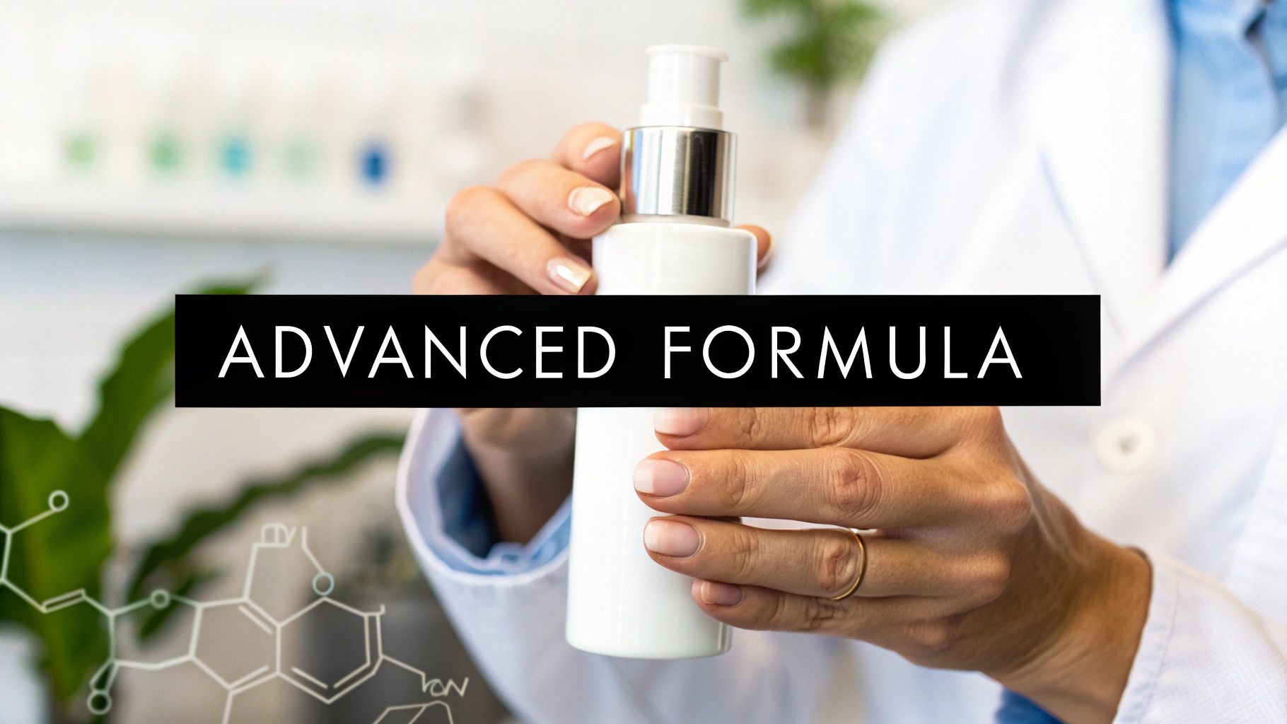 A person in a lab coat holds a white pump bottle, with 'ADVANCED FORMULA' text and chemical structures overlaid.