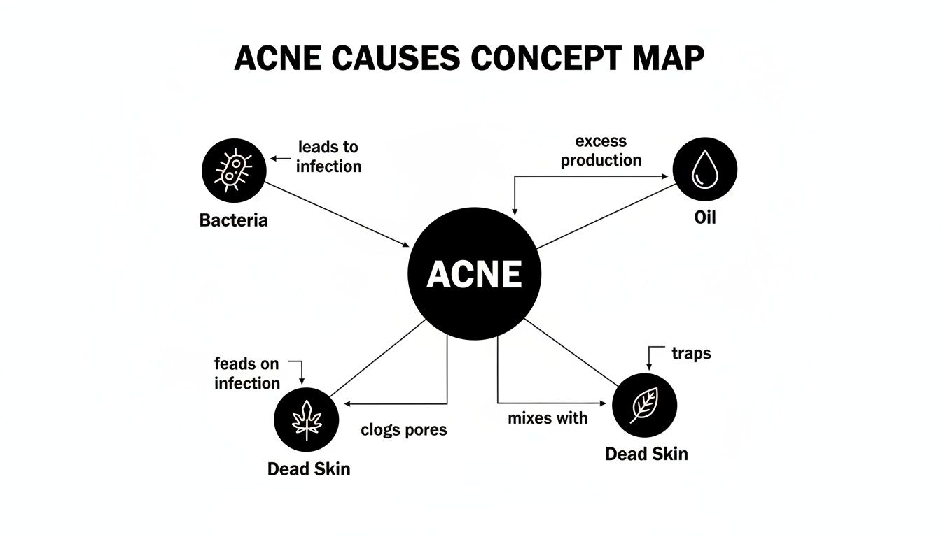 Concept map illustrating the primary causes of acne: bacteria, excess oil, and dead skin cells.