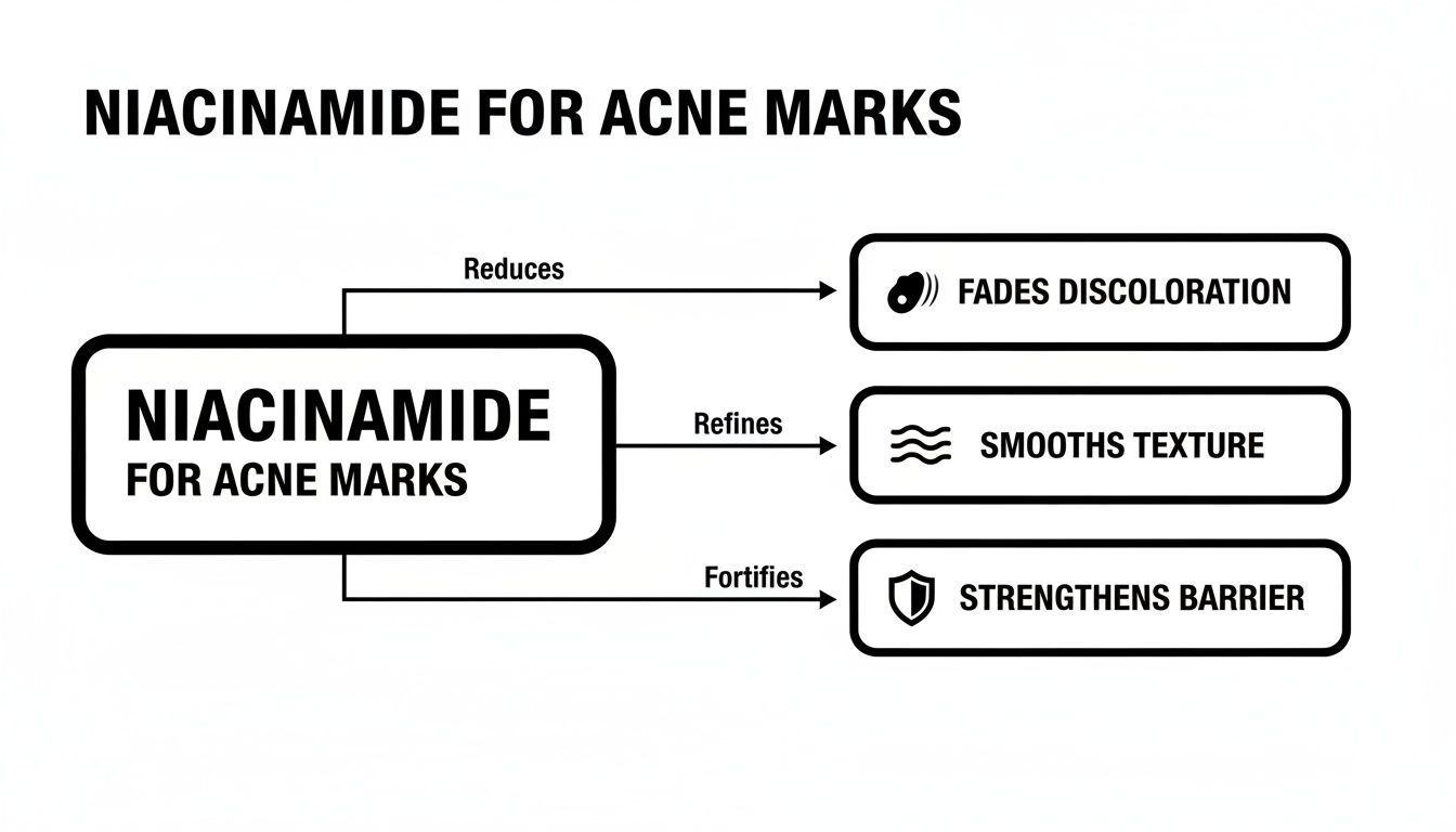 A diagram illustrating how niacinamide helps with acne marks by fading discoloration, smoothing texture, and strengthening the skin barrier.