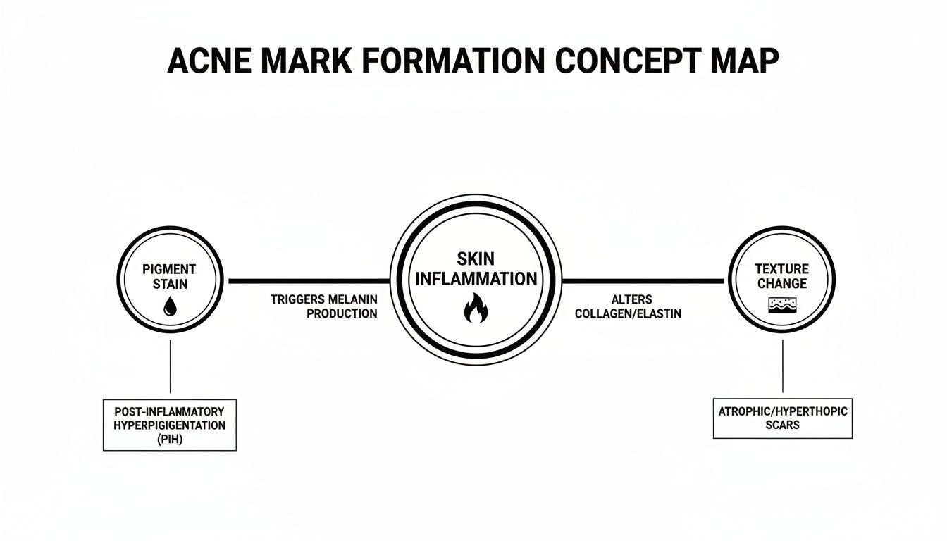 A concept map illustrating acne mark formation, detailing how skin inflammation causes pigment stains and texture changes.