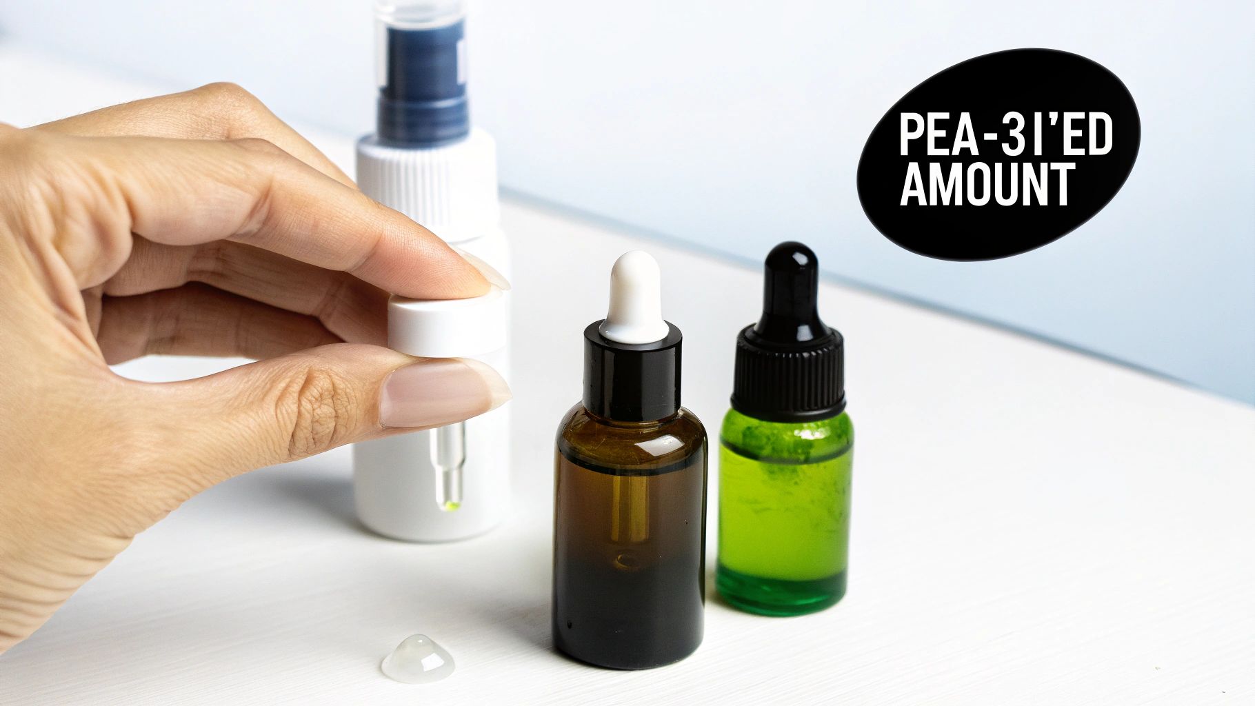 A hand dispenses liquid from a white dropper bottle, with other skincare products visible on a white surface.