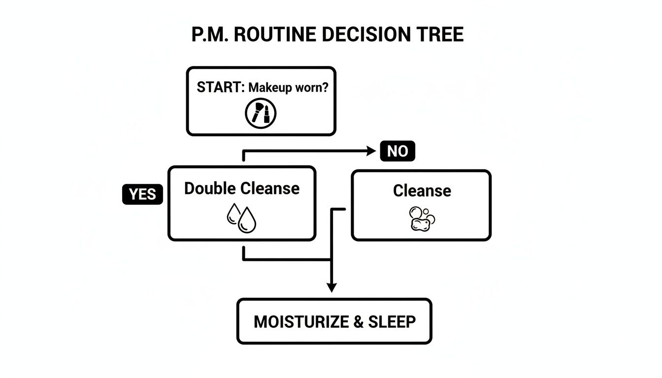 A flowchart detailing a P.M. skincare routine: starting with 'Makeup worn?', leading to either 'Double Cleanse' or 'Cleanse', both concluding with 'Moisturize & Sleep'.