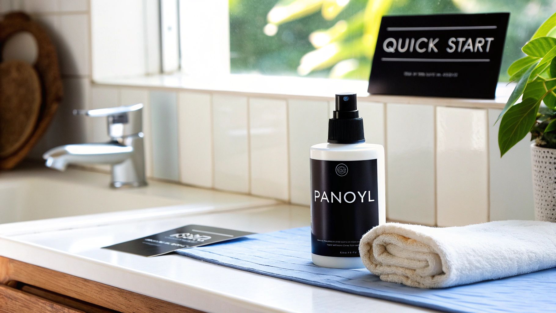 A white bottle of Panoxyl spray, a rolled white towel, and a blue mat on a countertop near a sink.