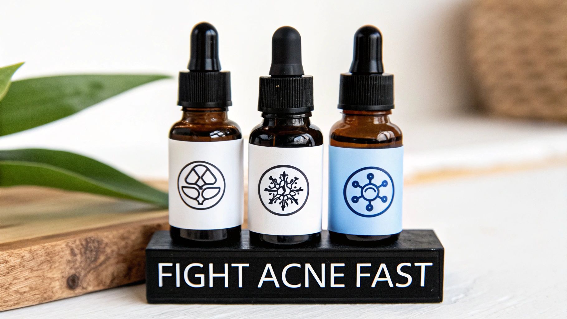 Three amber dropper bottles with different symbolic labels on a stand that says "FIGHT ACNE FAST".