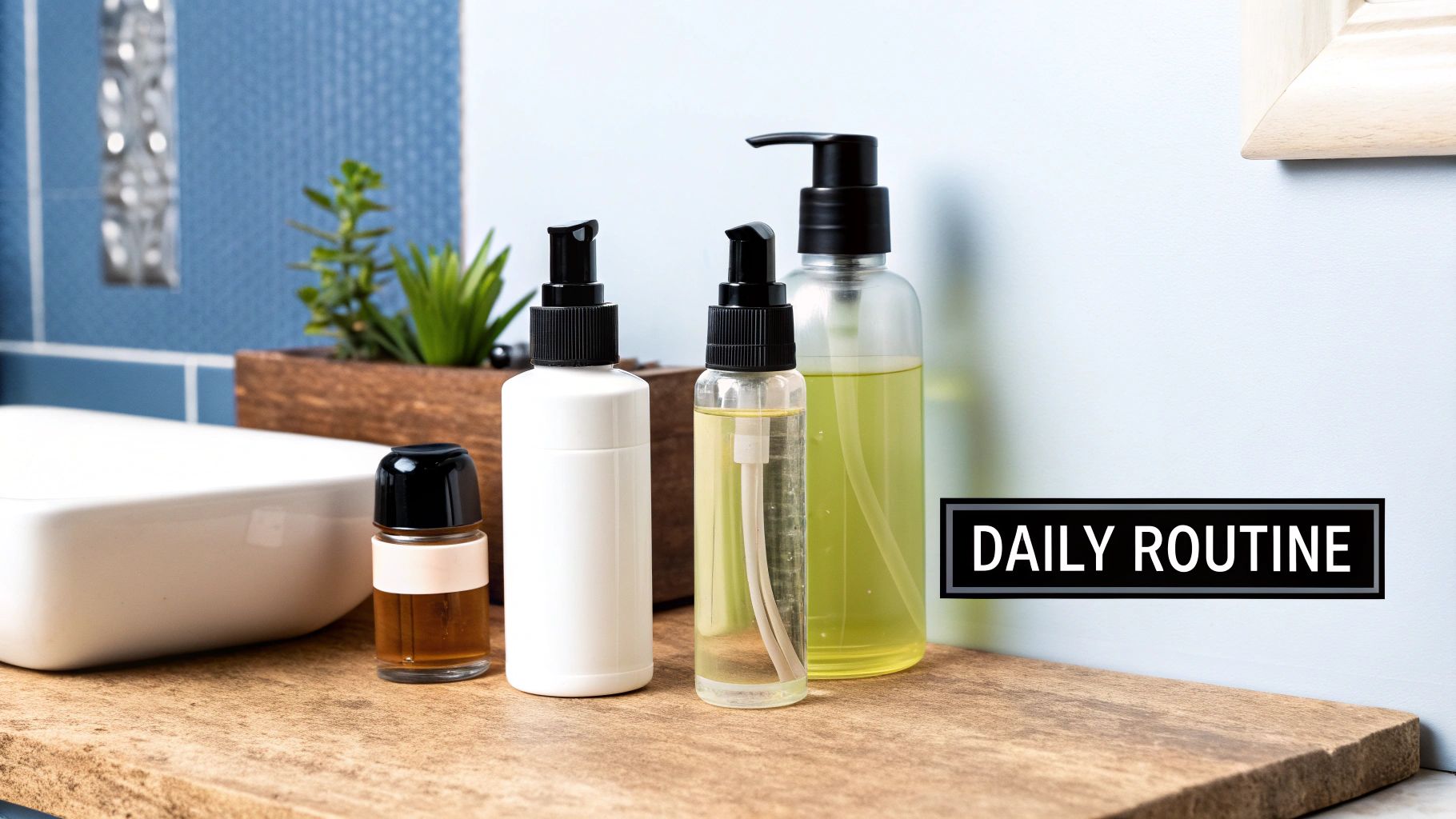 A clean bathroom counter with various skincare products, a small plant, and a white sink.