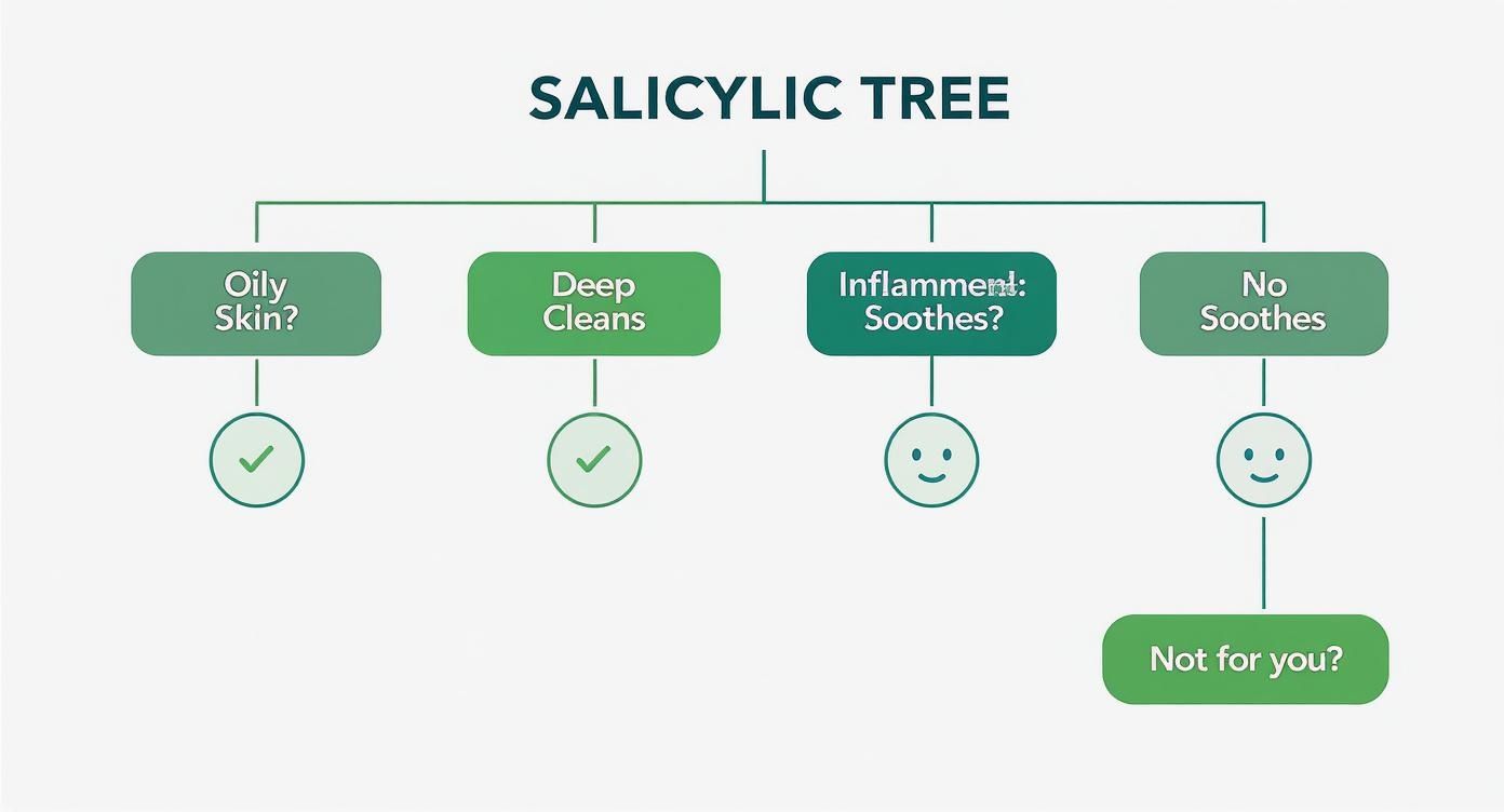 Infographic showing a decision tree for using salicylic acid based on skin type and concerns.