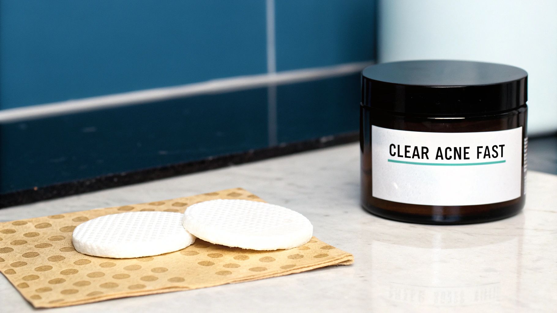 A dark amber jar labeled 'CLEAR ACNE FAST' sits next to two white cotton pads on a brown polka-dotted paper.