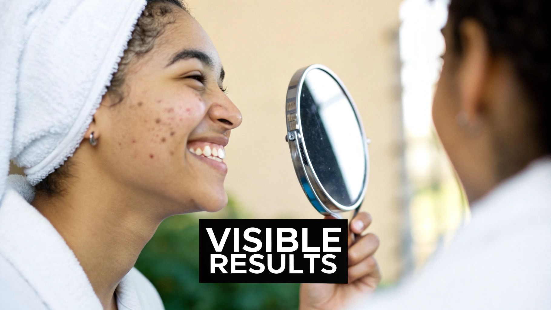 A person looking at their reflection in the mirror, thoughtfully examining their skin to decide on a skincare routine.