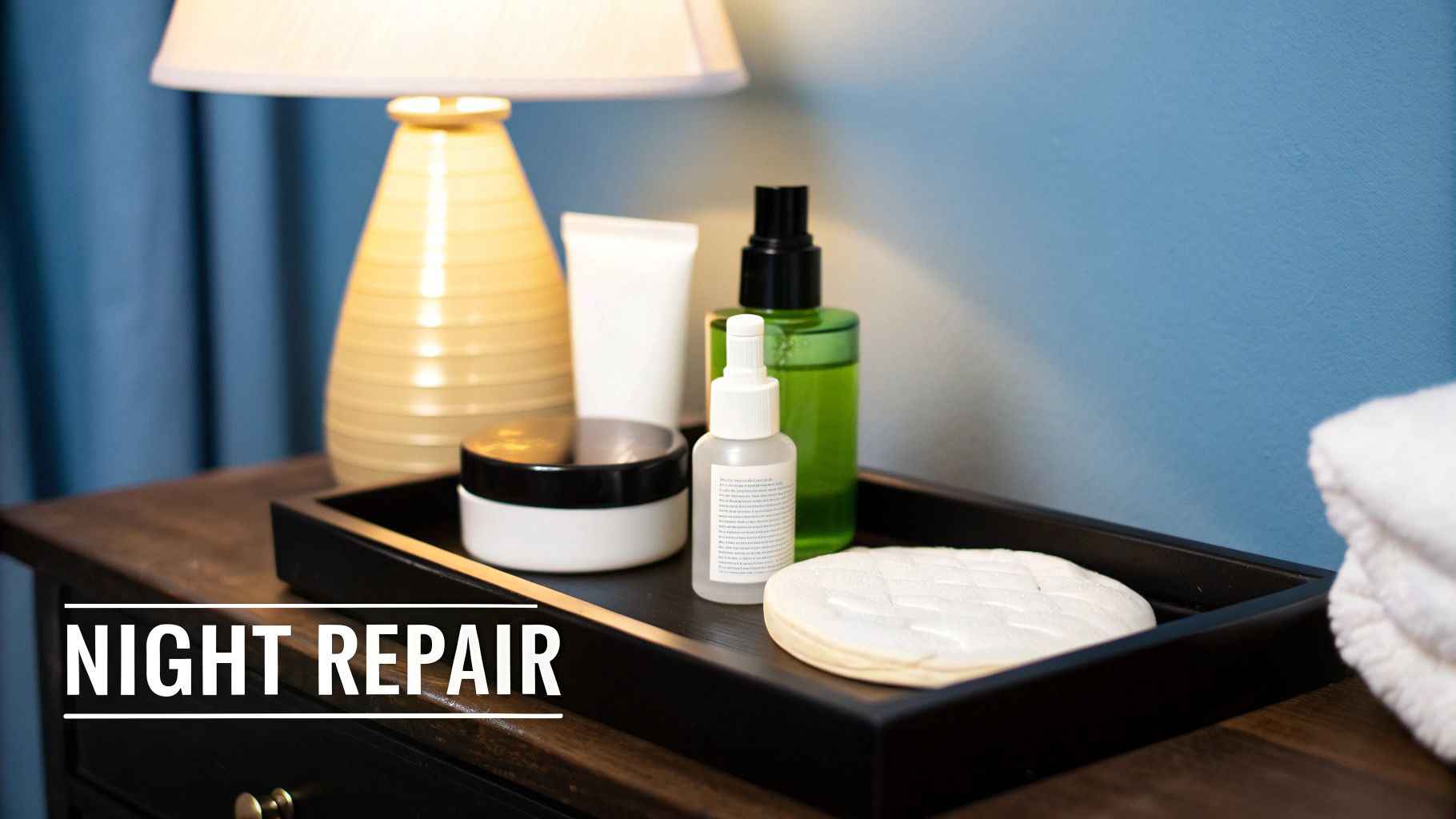 A woman with clear skin applying a night cream before bed, with a moon visible through the window.