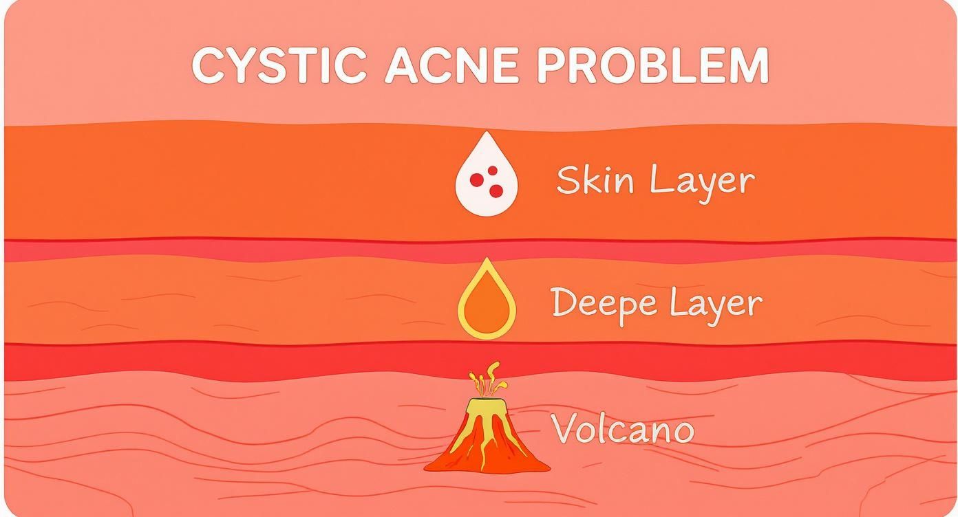 Diagram illustrating the cystic acne problem using skin layers and a volcano eruption metaphor.