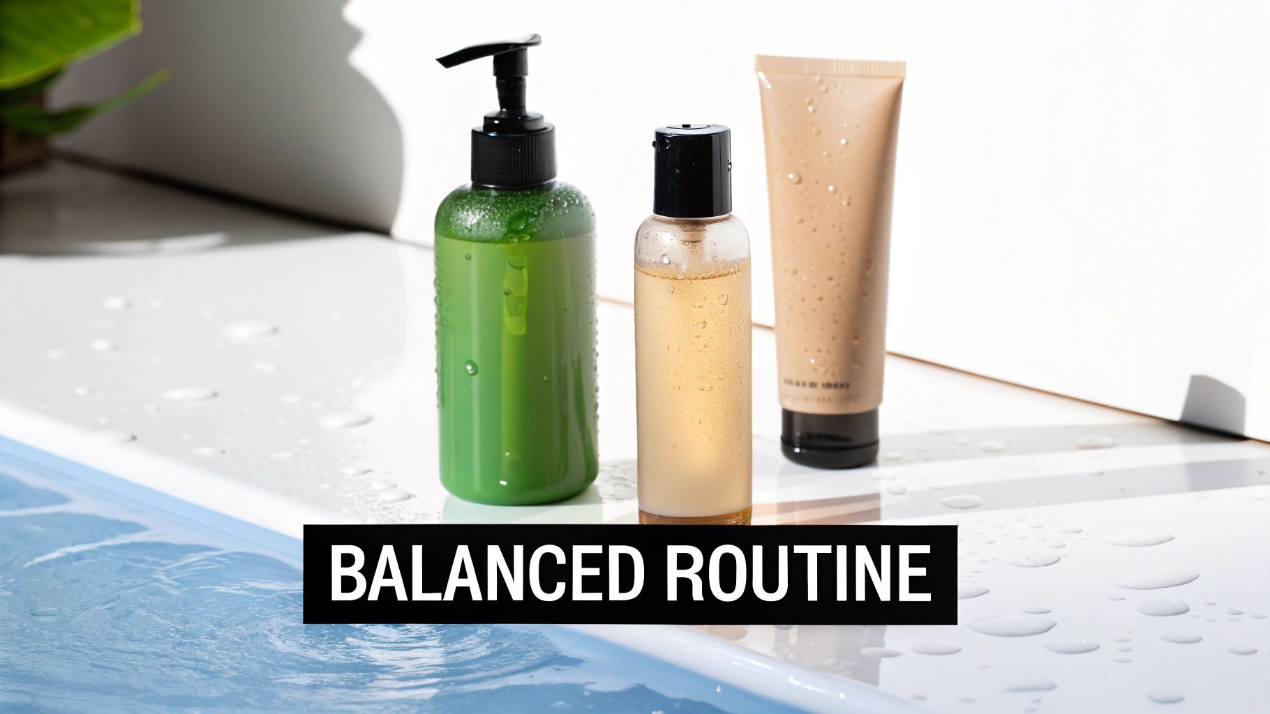 Three skincare product bottles on a wet white surface, representing a fresh and balanced routine.