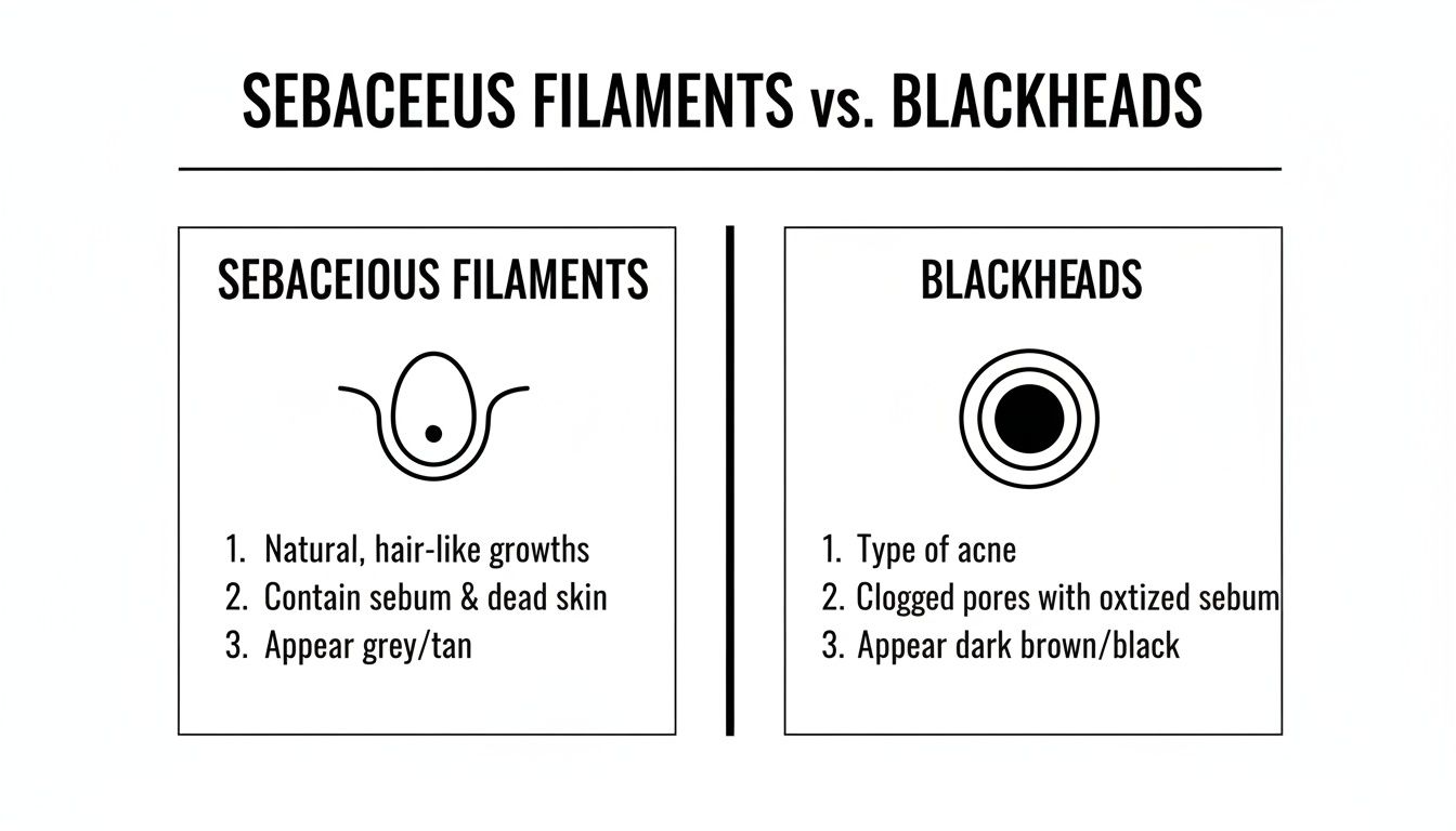 Infographic comparing sebaceous filaments and blackheads, detailing their appearance, composition, and nature.