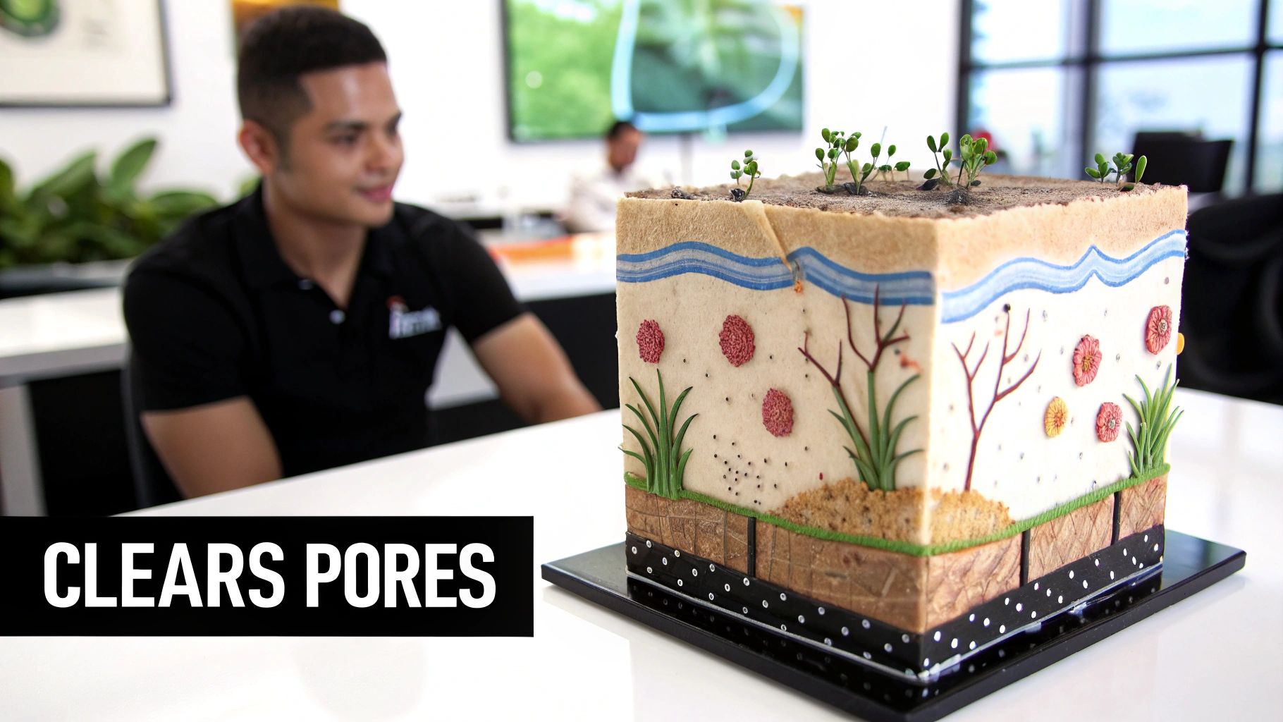 A detailed cross-section model depicting skin layers, plants, roots, and structures, with text 'CLEARS PORES'.