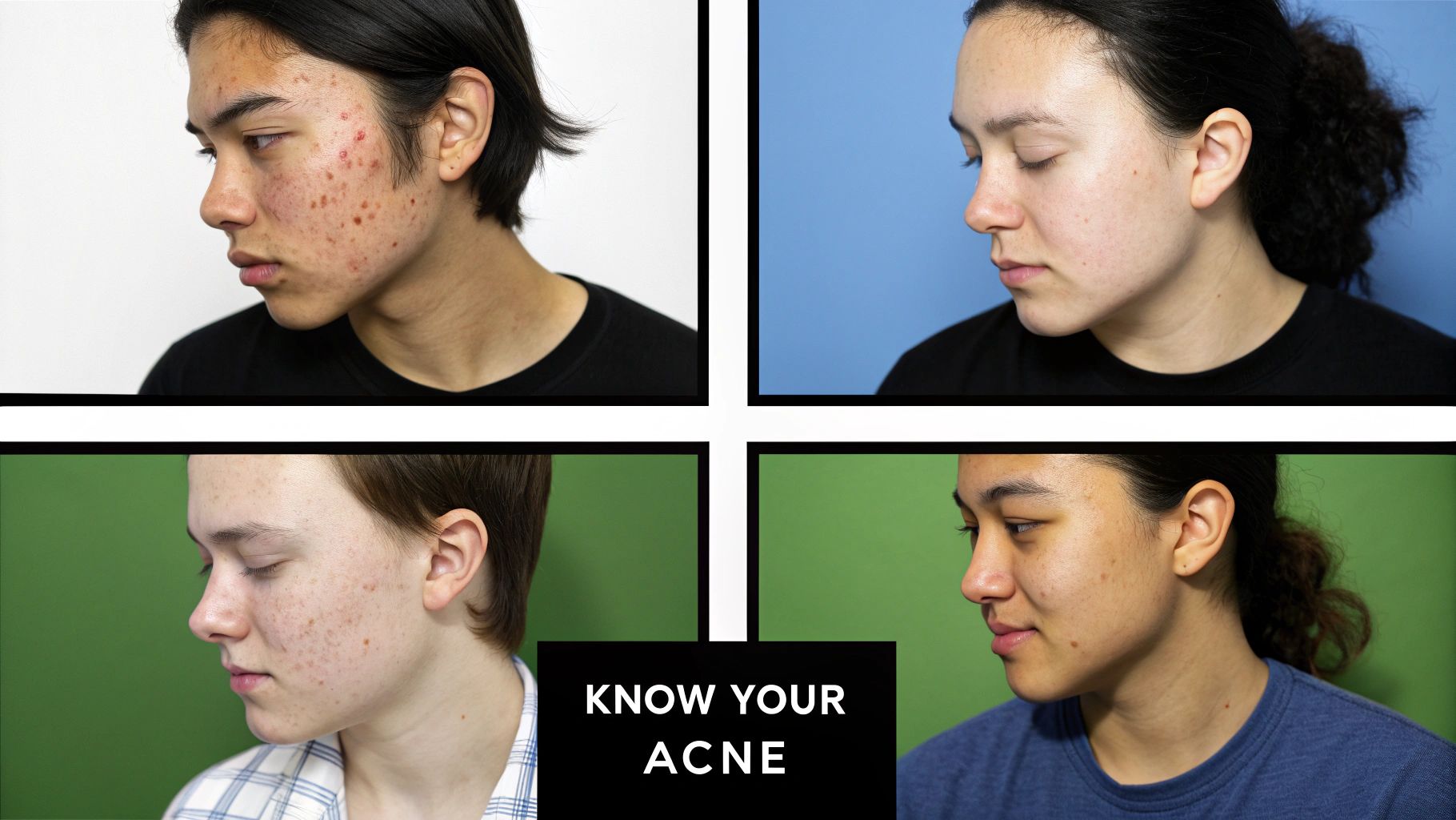 Four diverse young people showcase various skin conditions, from severe acne to clearer complexions, with text 'KNOW YOUR ACNE'.