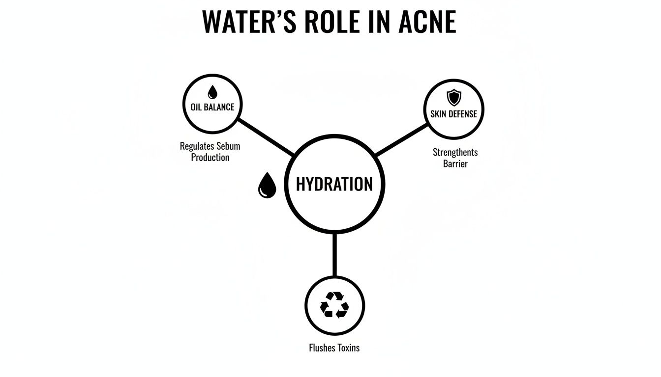 A diagram illustrating how hydration helps prevent acne by regulating oil, strengthening skin, and flushing toxins.