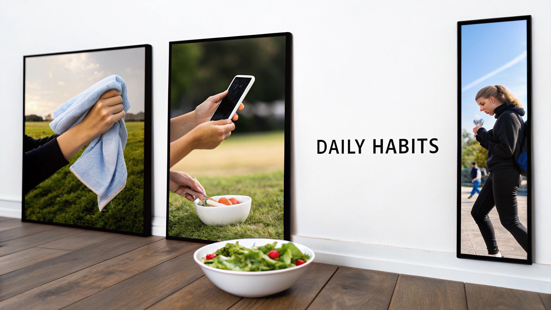 Three framed images depicting daily habits like cleaning, healthy eating, and outdoor activity, with a salad bowl on the floor.