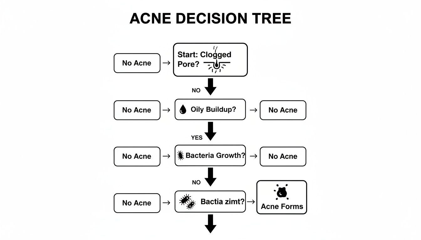 Acne decision tree illustrating the step-by-step process of acne formation.