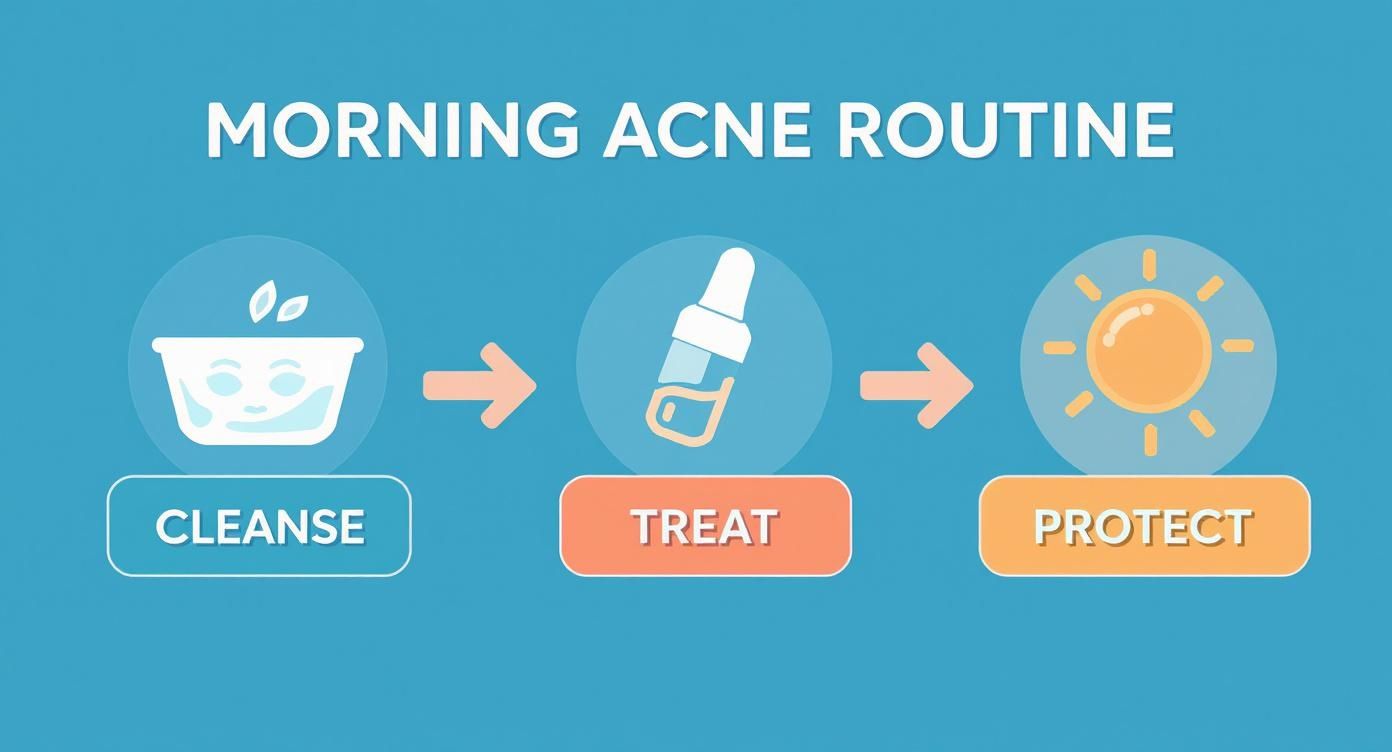 Morning acne skincare routine flowchart with steps: Cleanse, Treat, and Protect, indicated by icons.